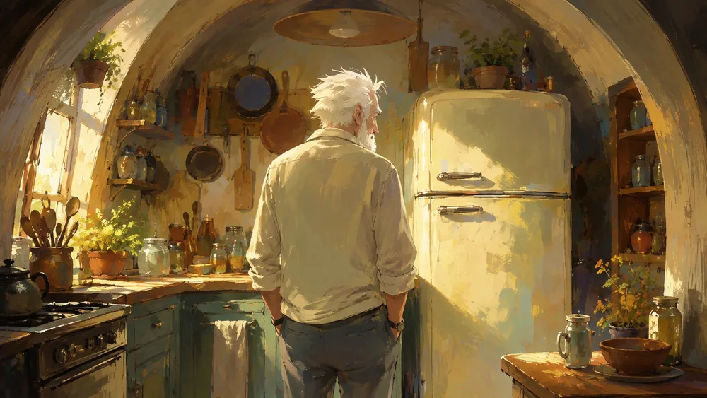 陽光の差すキッチンに立つ白髪の人物を描いたAI映像